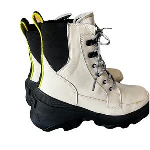 Sorel Brex Lace-Up Leather Lug Sole Boots In White Lime Green Accents Size‎ 7.5